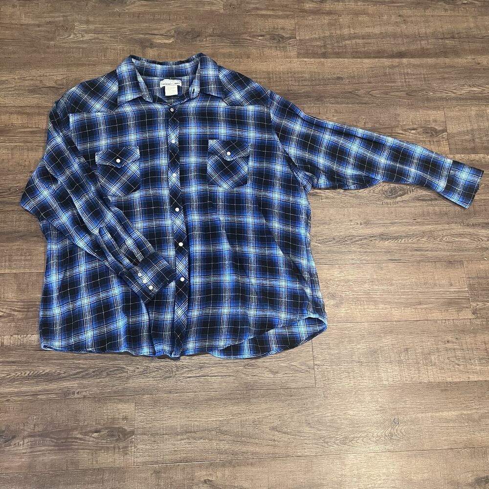Wrangler Wrancher Blue Flannel Pearl Snap Long Sleeve Shirt/ Mens 3XL